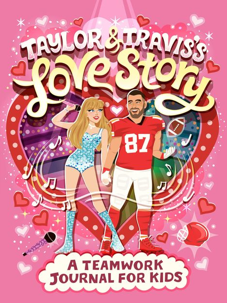 "TAYLOR & TRAVIS’S Love Story: A Teamwork Journal for Kids." Illustration von einem Paar, Herzen und Musiksymbolen.