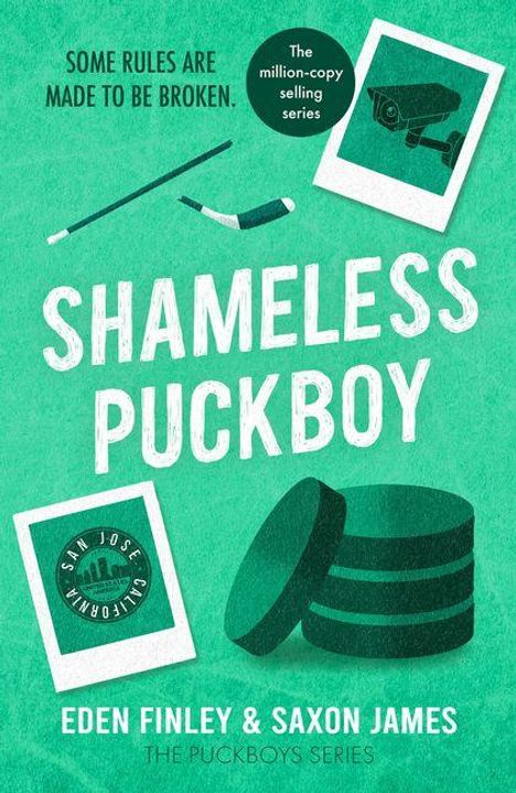 "Shameless Puckboy" in Weiß. Oben links: "Some rules are made to be broken." Oben rechts: Puck und Kamera-Illustration.