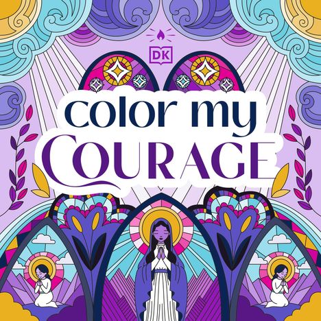 „Color My Courage“: Bunte Illustration mit meditierenden Figuren und stilisierten, symmetrischen Mustern.