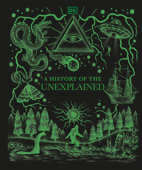 „A History of the Unexplained“ Text mit Illustrationen: Pyramide mit Auge, UFO, Schiff, Bäume, Monster und Sonne in Grün.
