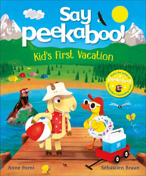 Text: "Say peekaboo! Kid's First Vacation." Zwei Tiere mit Sommerzubehör an einem See, im Hintergrund Zelte.