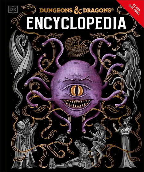 Text: "Dungeons & Dragons Encyclopedia". Illustration: Ein einäugiges, violettes Monster mit Tentakeln, umgeben von Figuren und einem Drachen.