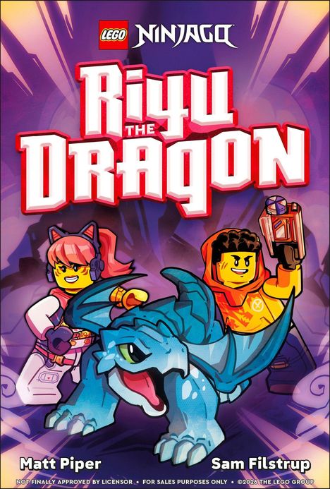 Eine Illustration mit dem Text "Riyu the Dragon" und LEGO Ninjago-Bildern von zwei Figuren und einem blauen Drachen.