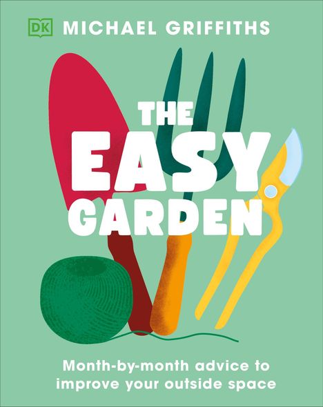 "THE EASY GARDEN" in großen Buchstaben, Gartengeräte in lebhaften Farben auf grünem Hintergrund dargestellt.