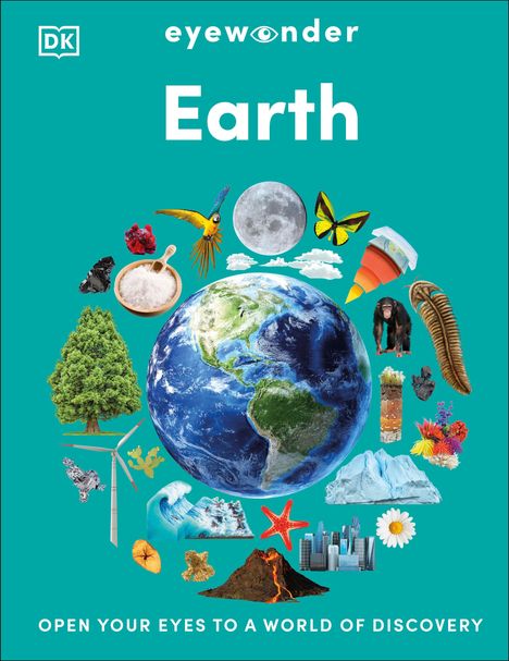 Text: "eyewonder Earth. OPEN YOUR EYES TO A WORLD OF DISCOVERY." Illustration: Erde mit Tieren, Pflanzen, Naturphänomenen.