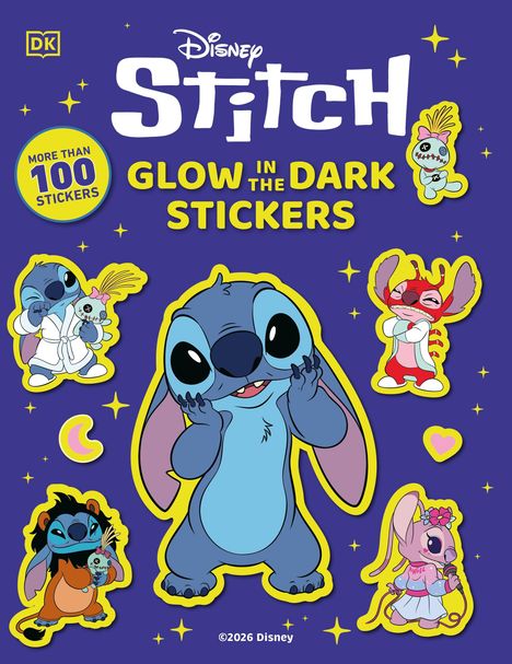 „Stitch: Glow in the Dark Stickers“. Ein fröhlicher, blauer Cartoon-Charakter umgeben von bunten Stickern.
