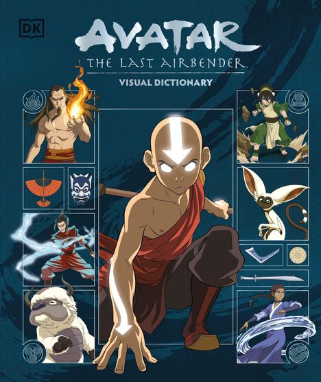 "Avatar: The Last Airbender Visual Dictionary" zeigt zentrale Figuren mit Aang im Vordergrund.