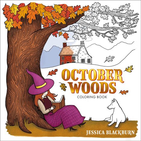 Große Schrift: "OCTOBER WOODS". Illustration: Hexe liest unter Baum mit Herbstlaub, Hund sitzt daneben, Haus im Hintergrund.