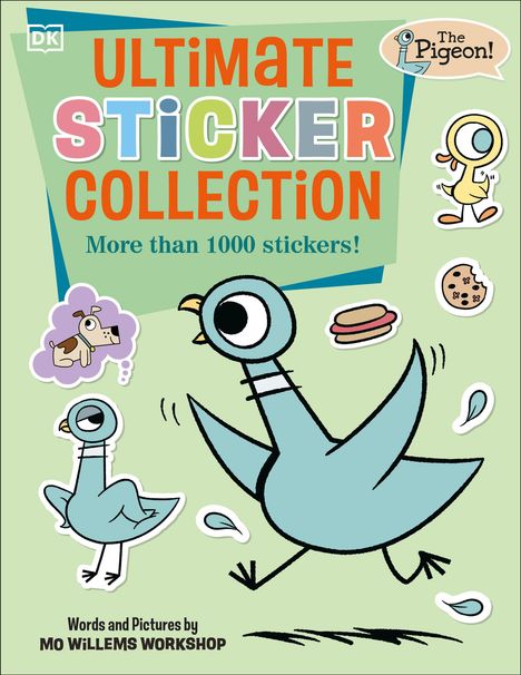 "Ultimate Sticker Collection", "More than 1000 stickers!", "The Pigeon!" Ein blauer Cartoon-Vogel mit Stickern im Hintergrund.