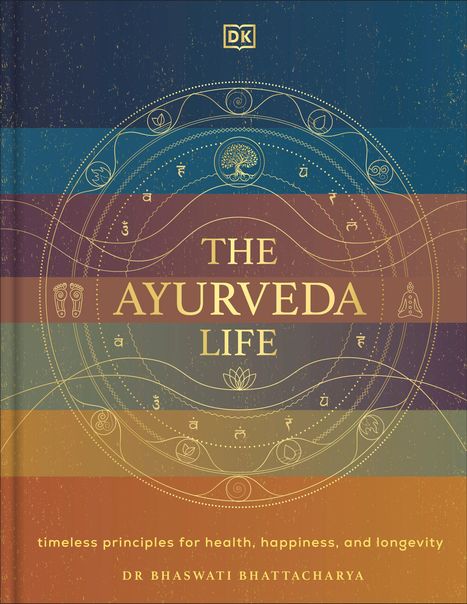 "THE AYURVEDA LIFE" steht zentral auf einer bunten, kreisförmigen Illustration mit spirituellen Symbolen.