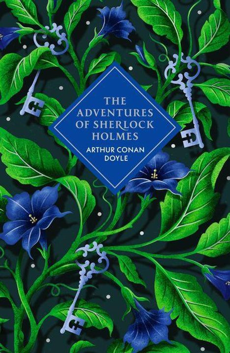 "The Adventures of Sherlock Holmes, Arthur Conan Doyle." Illustration mit grünen Blättern, blauen Glockenblumen und Schlüsseln.