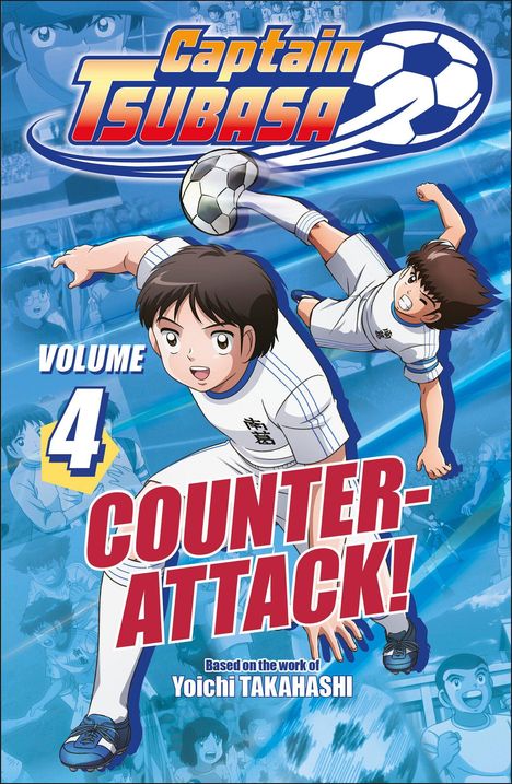 "Captain Tsubasa", "Volume 4", "Counter-Attack!", Yoichi Takahashi. Illustration von Fußballspielern in Bewegung mit Ball.