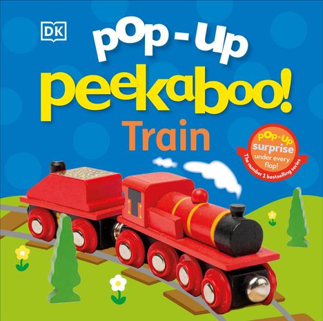 "Pop-Up Peekaboo! Train" in bunten Buchstaben. Ein roter Spielzeugzug auf Schienen, Bäume und Blumen im Hintergrund.