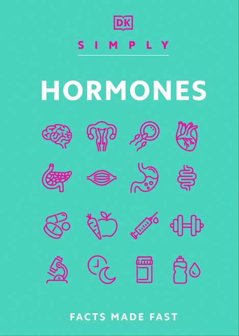 Text: "SIMPLY HORMONES", "FACTS MADE FAST". 
Illustration: Verschiedene pinke Symbole auf grünem Hintergrund.