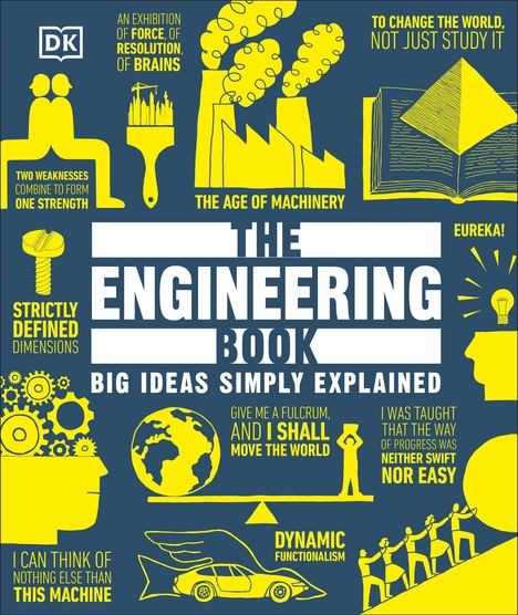 Titel: THE ENGINEERING BOOK. Slogans: BIG IDEAS SIMPLY EXPLAINED, EUREKA!, THE AGE OF MACHINERY. Gelbe Illustrationen.
