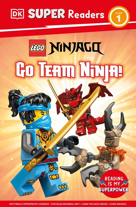 "Go Team Ninja!", "Reading is my superpower", LEGO Ninjago-Figuren in Aktion, bunter Hintergrund mit Strahlen.