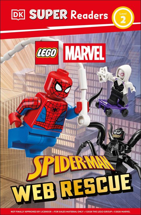 "Super Readers Level 2", "LEGO", "Marvel", "Spider-Man Web Rescue". Illustration mit LEGO Spider-Man und anderen Figuren.