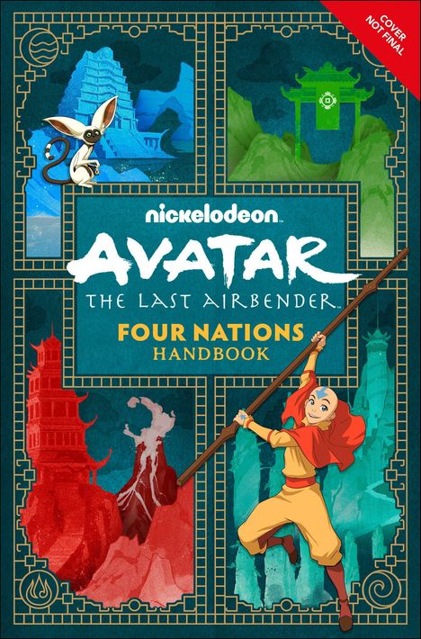 "Cover Not Final. nickelodeon Avatar the Last Airbender Four Nations Handbook." Illustration mit Gebäuden und Figuren.