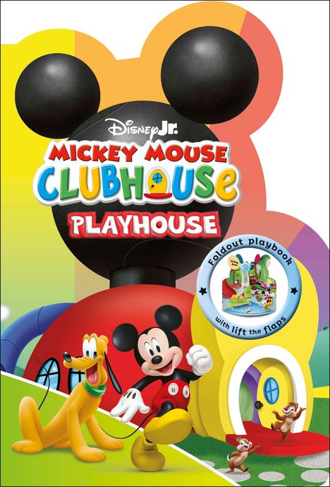 Texte: "Mickey Mouse Clubhouse Playhouse", "Foldout playbook with lift the flaps". Zeigt Mickey, Pluto und Clubhaus.