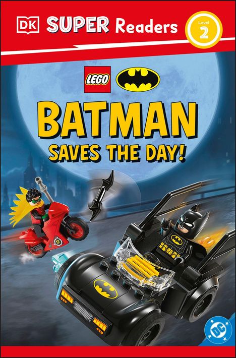 Cover mit Text "BATMAN SAVES THE DAY!" und Logos von DK, LEGO und Batman. Batman und Robin als LEGO-Figuren in Fahrzeugen.