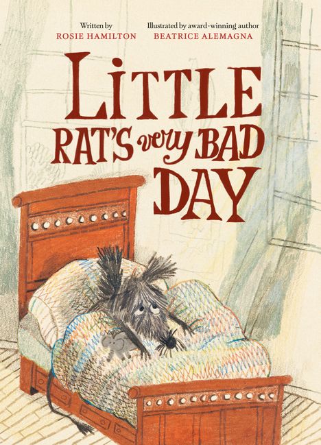 Text: "Little Rat's Very Bad Day." Illustration eines bedrückten Rattenähnlichen Wesens in einem Bett mit bunter Decke.