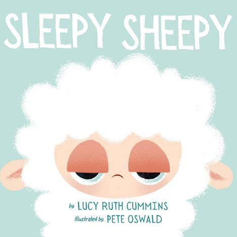 „SLEEPY SHEEPY“: Ein müdes Schaf mit großen, halb geschlossenen Augen auf hellblauem Hintergrund.