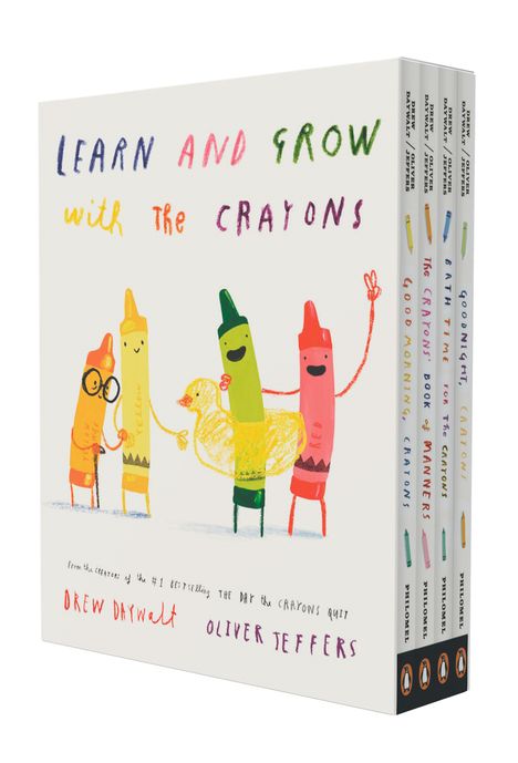 "Learn and Grow with the Crayons" steht oben. Vier bunte, lächelnde Wachsmalstifte halten ein Küken.
