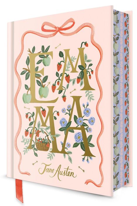 "EMMA" und "Jane Austen" sind in floraler Gestaltung auf einem Buchcover. Pastelltöne, Früchte und Blumen zieren das Design.