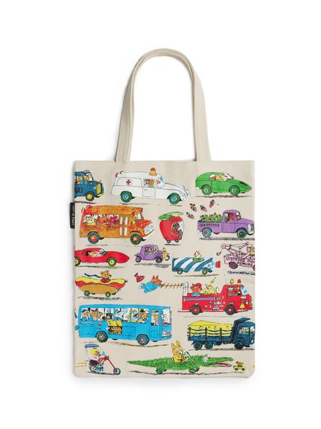 Eine Tasche mit Illustrationen von bunten Fahrzeugen, darunter Taxis, Busse und ein grüner Sportwagen.