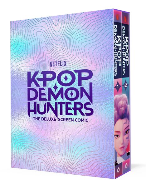 Texte: "Netflix", "KPOP DEMON HUNTERS", "THE DELUXE SCREEN COMIC".  
Illustration mit holografischem Effekt und zwei Buchrücken.
