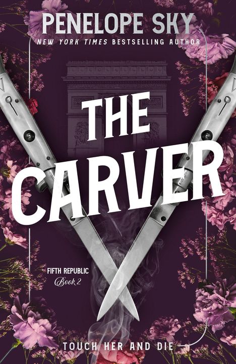 **THE CARVER** in weißem Text auf dunkelviolettem Hintergrund, umgeben von Blumen und zwei gekreuzten Messern.