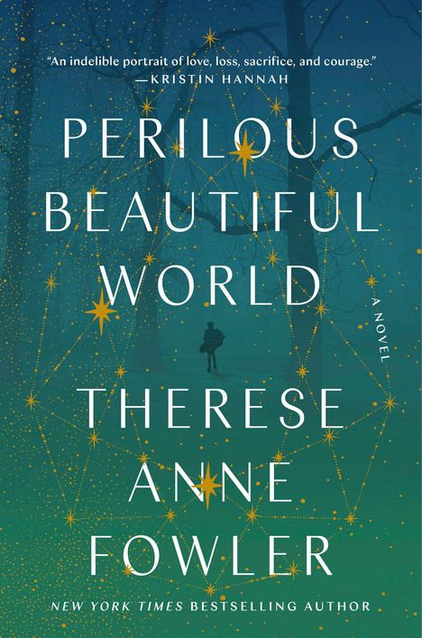 „PERILOUS BEAUTIFUL WORLD“ von Therese Anne Fowler. Sternenmotiv, nebliger Wald, einsame Person im Hintergrund.