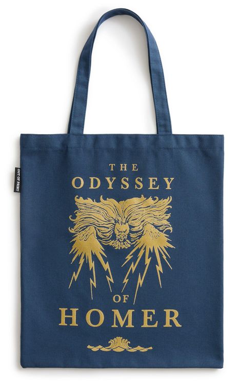 Text: "THE ODYSSEY OF HOMER". Illustration: Eine goldene, stilisierte Blitze und Gesicht auf einer blauen Stofftasche.