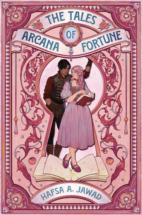 "The Tales of Arcana Fortune" und "Hafsa A. Jawad" in floraler Illustration. Zwei Personen mit einem Buch stehen im Zentrum.