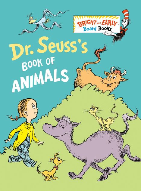 „Dr. Seuss's Book of Animals“. Illustration mit bunten, fröhlichen Tieren und einem Kind auf grünem Hügel.