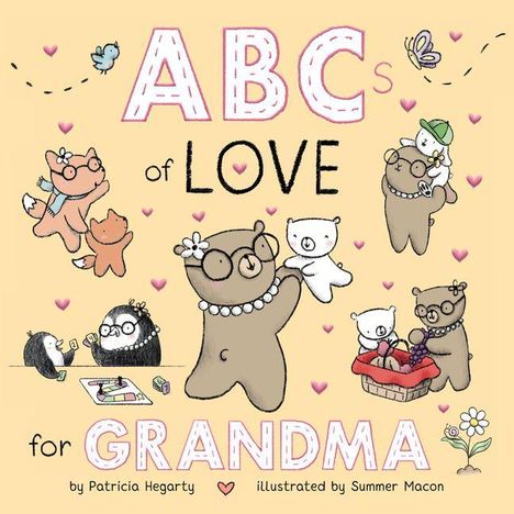 „ABCs of Love for Grandma“ ist in großen Buchstaben geschrieben. Bären in fröhlicher Szene mit Herzmotiven.