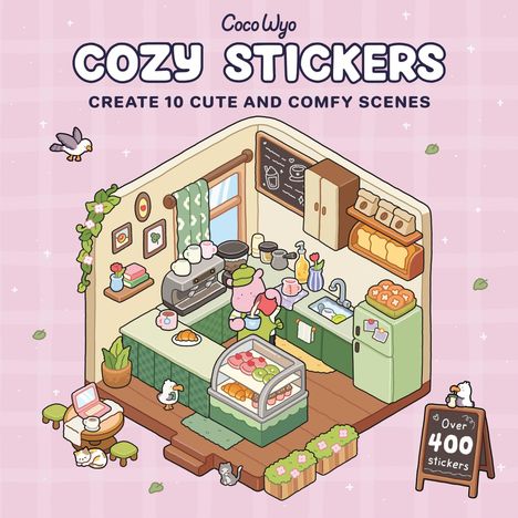 Texte: "COZY STICKERS", "CREATE 10 CUTE AND COMFY SCENES", "Over 400 stickers". Illustration eines gemütlichen Cafés mit Figuren.