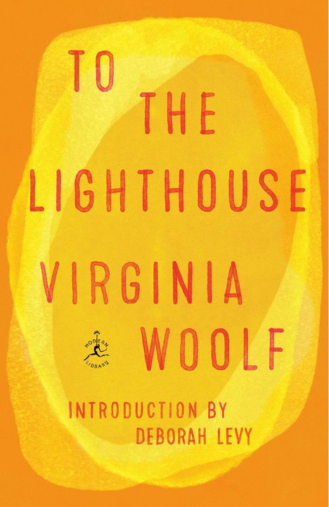 Text: "To the Lighthouse Virginia Woolf." Hintergrund: Orange mit gelbem, abstraktem Muster. Kleines Logo unten links.