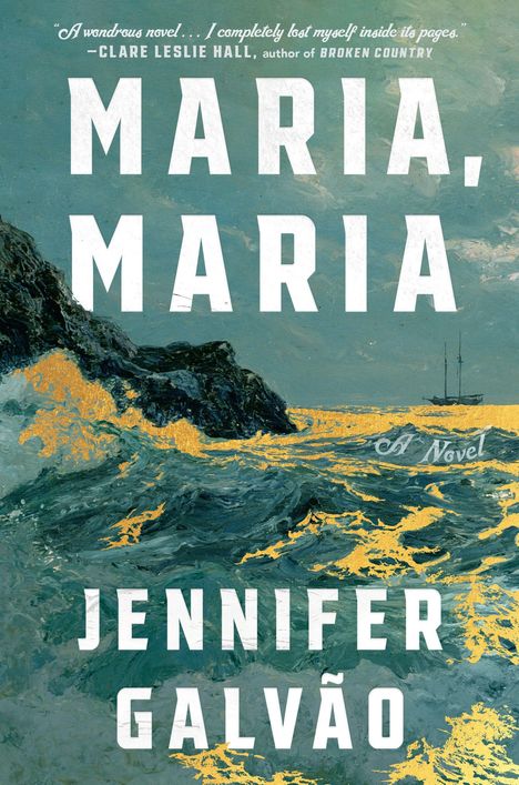 "Maria, Maria" von Jennifer Galvão. Wellen schlagen gegen Felsen, daneben segelt ein Schiff. Eine Illustration.