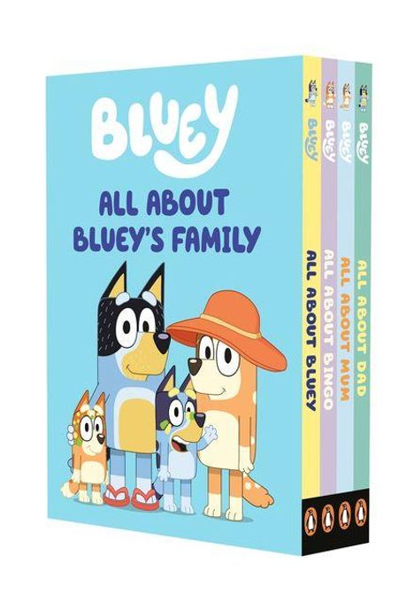 BLUMEY, All About Bluey’s Family. Illustration: Vier bunte Hunde mit unterschiedlichen Größen und Accessoires.