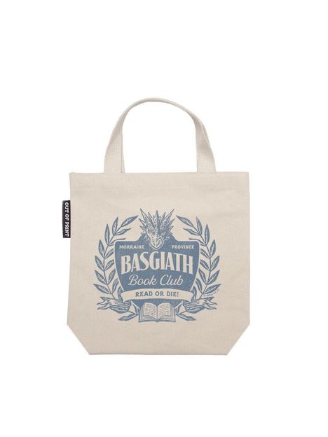 "Morraine Province Basgiath Book Club - Read or Die!" in blauer Schrift auf einer beigefarbenen Tragetasche mit Drachenmotiv.