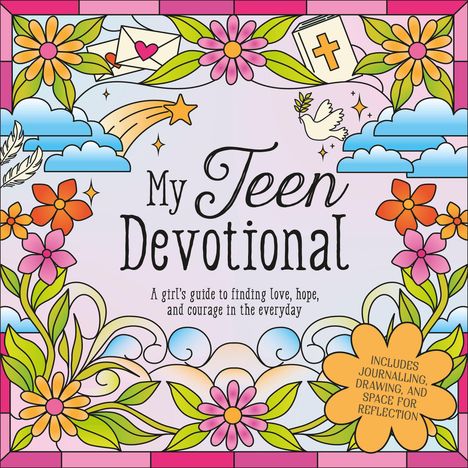 Text: "COVER TO BE REVEALED," "TEEN DEVOTIONAL," "Feed your creativity and grow your courage." Violetter Hintergrund.