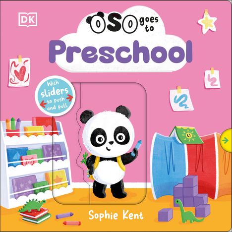 "OSO goes to Preschool" zeigt einen fröhlichen Panda mit Rucksack im bunten Klassenzimmer voller Spielsachen.