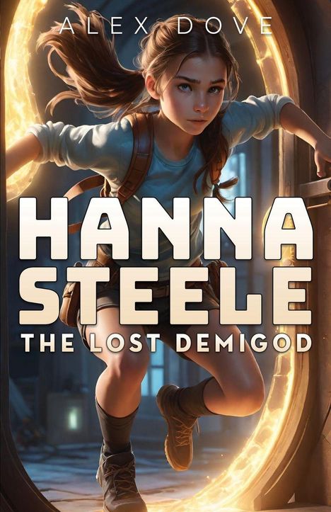 Titel: "HANNA STEELE: THE LOST DEMIGOD". Illustration: Mädchen mit Rucksack durch leuchtenden Ring.