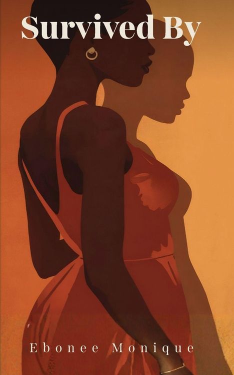 Text: "Survived By", "Ebonee Monique". Eine elegante Illustration einer Frau in einem roten Kleid vor einem orangefarbenen Hintergrund.