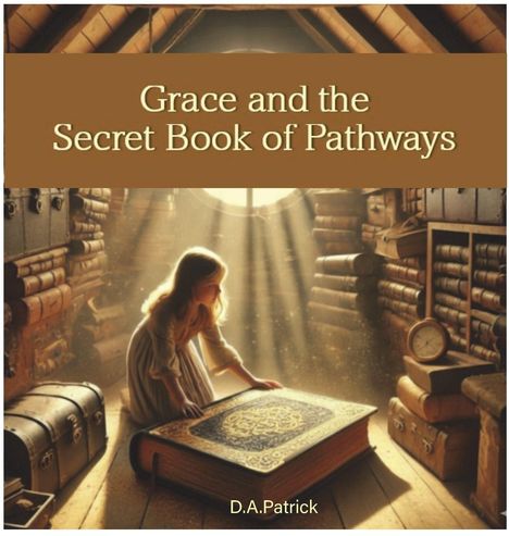 "Grace and the Secret Book of Pathways" von D.A. Patrick. Ein Mädchen beugt sich über ein riesiges Buch in einem Dachboden.