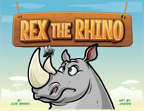 „REX THE RHINO“ steht auf einem Holzschild. Darunter ein gezeichneter Rhinozeroskopf mit einer Fliege auf dem Horn.