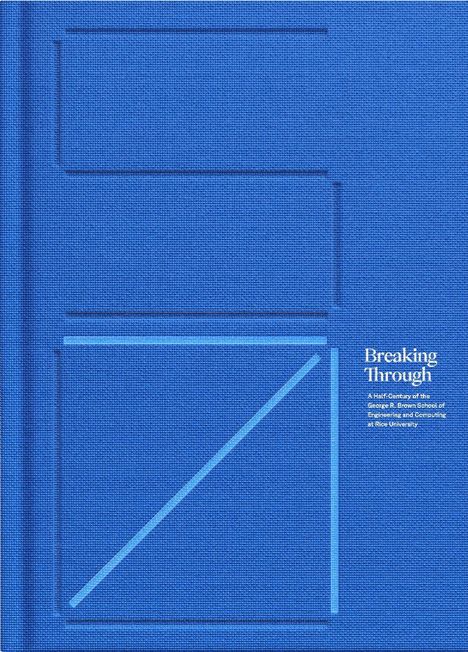 „Breaking Through“ in weißem Text auf blauem Hintergrund, mit diagonalem Strichmuster und strukturiertem Design.
