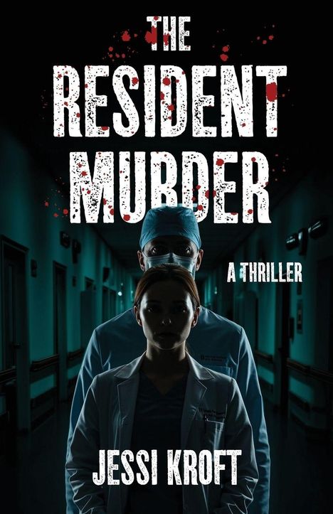„THE RESIDENT MURDER. A THRILLER. JESSI KROFT“. Dunkler Krankenhausflur, zwei Ärzte im Schatten.