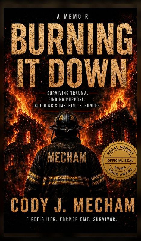„Burning It Down“; Texte über Trauma und Stärke. Feuerwehrmann von hinten, Gebäude in Flammen, Siegel für Buchpreis.